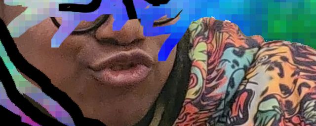 the artist being goofy in heavily customized and colorful banner